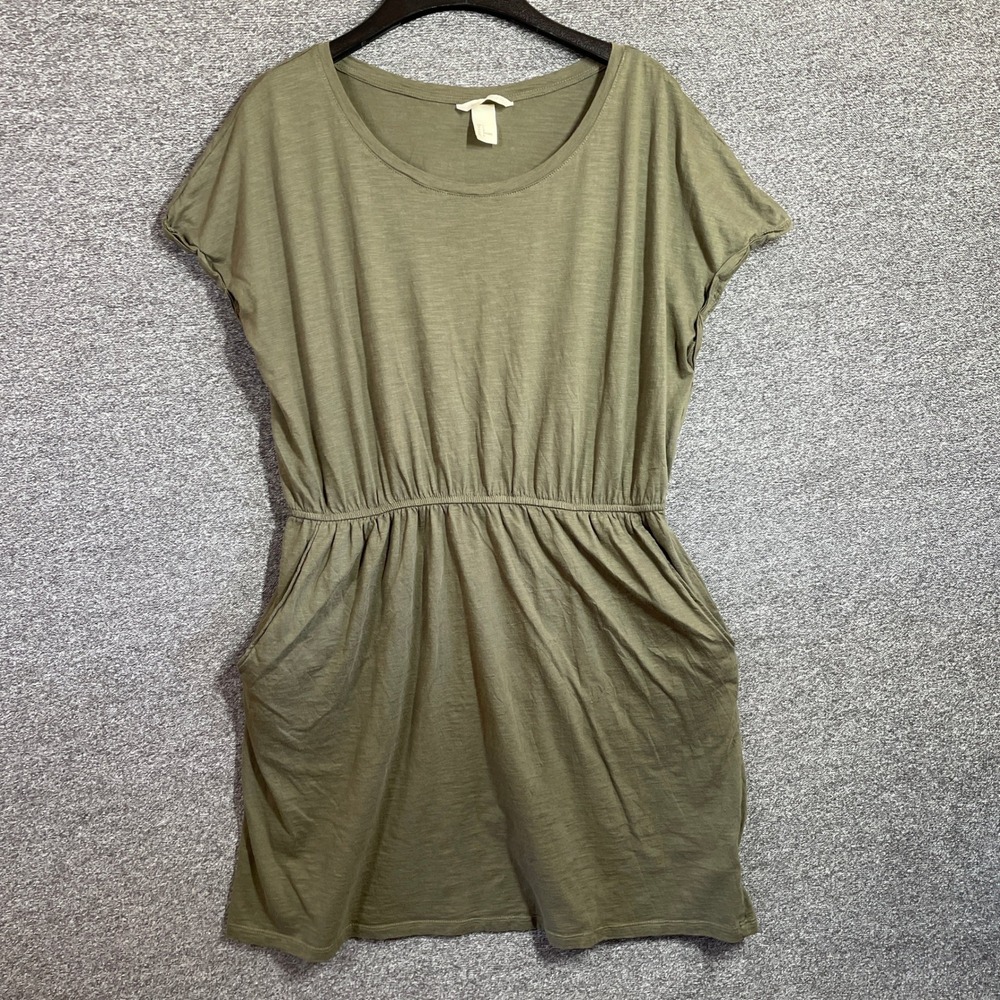 HM Basic T-Shirt Dress Size L Women Green Elastic Waist Pocket